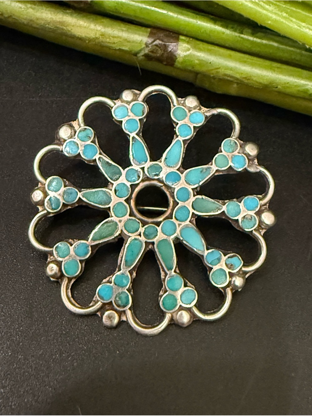 Vintage Native American Zuni Signed Turquoise Inlay Sterling Starburst Brooch